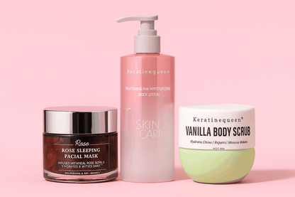 Routine Corps Éclat avec gommage corps vanille, masque facial rose et lait hydratant rose à pompe