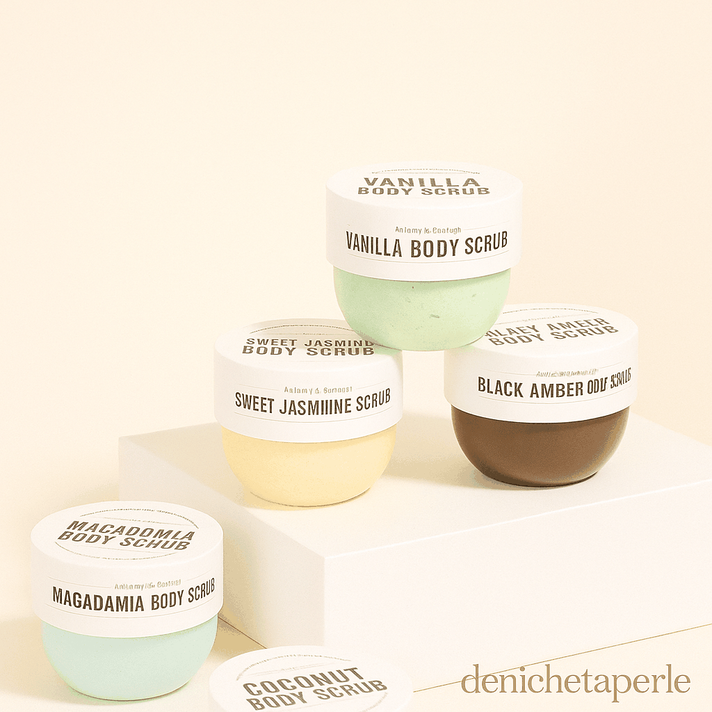 Routine Corps Éclat avec pots de gommage corporel colorés, parfums vanille, jasmin, ambre noir et macadamia