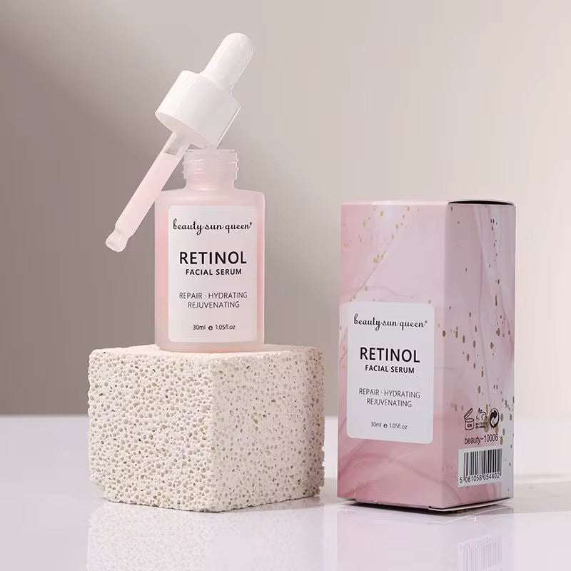 Routine visage au rétinol avec sérum facial rose et boîte assortie, applicateur pipette et formule hydratante visibles