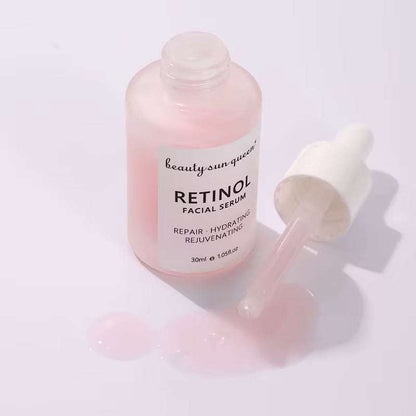 Routine visage au rétinol, sérum facial rose dans un flacon avec pipette, texture fluide et étiquette visible