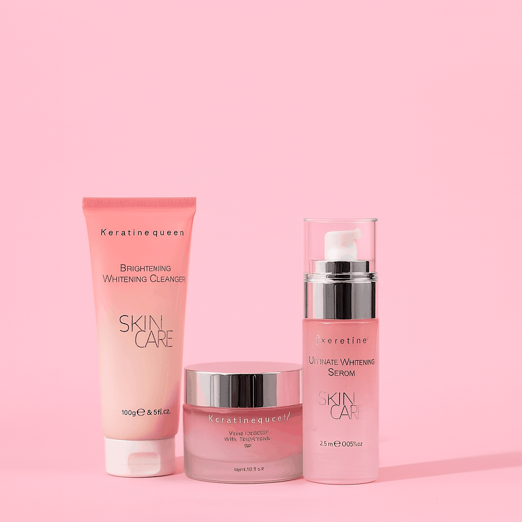 Routine visage complète 3-en-1 rose avec nettoyant, crème et sérum éclaircissants à la kératine