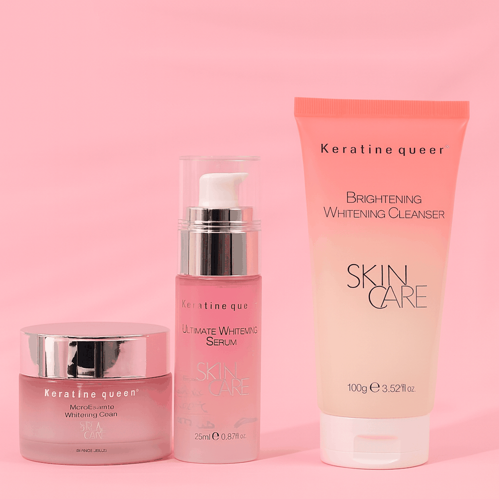 Routine visage complète avec trois soins roses en acrylique, dont crème, sérum et nettoyant éclaircissant