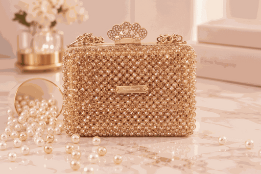 Sac à main perlé champagne en perles de cristal facetté, avec fermoir doré en forme de couronne