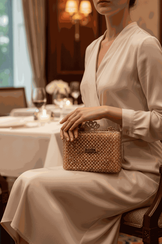 Sac à main perlé champagne en perles dorées, format rectangulaire avec fermoir bijou décoratif
