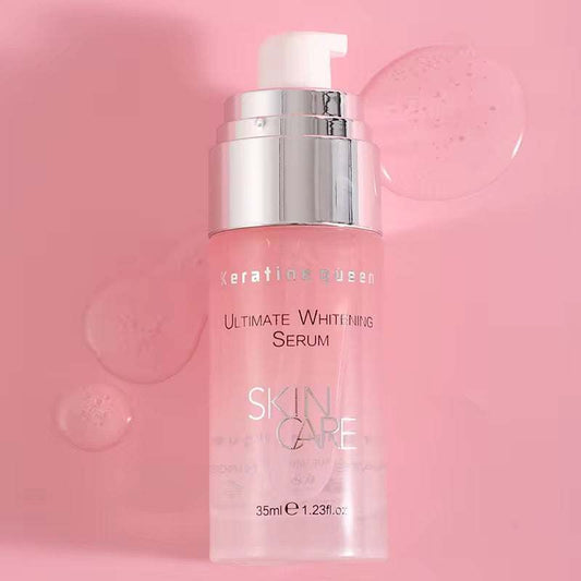 Sérum Visage coréen en flacon-pompe rose translucide, avec doseur argenté et formule éclaircissante